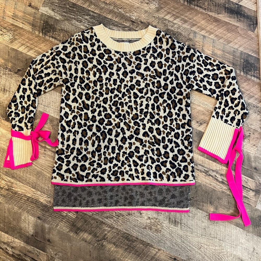 crown & ivy Animal Print Sweater with Bright Pink Ties